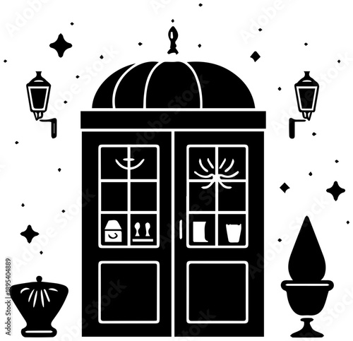Elegant black and white illustration of mystical shop front