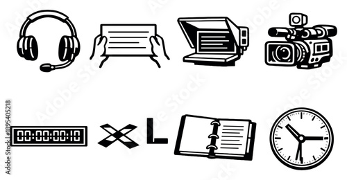Film and Broadcast Cueing in outline style: director headset, cue card, teleprompter screen, tally light camera, timecode display, floor mark tape, script binder. Vector icons