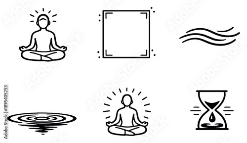 Silence and calm states in outline style: meditative quiet aura, empty space frame, soft breath waves, still water surface, inner peace glow, suspended moment. Vector icons