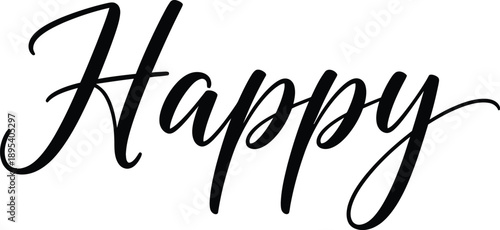 A beautiful black cursive word Happy on a white background