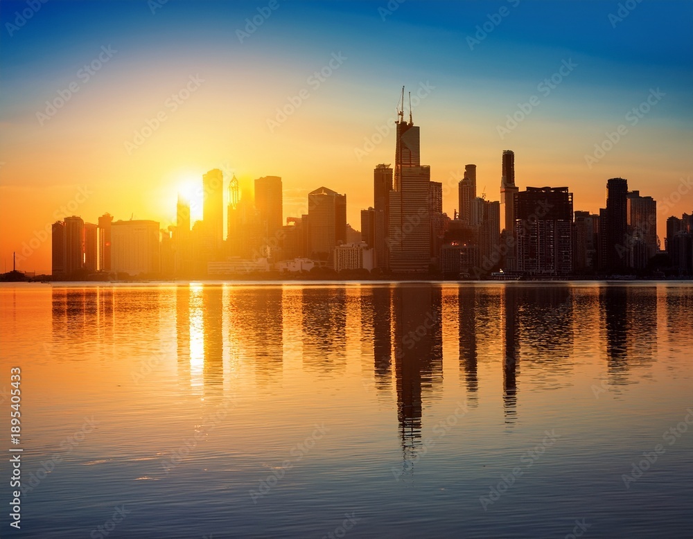 Fototapeta premium vibrant city skyline reflecting on calm water during golden sunrise