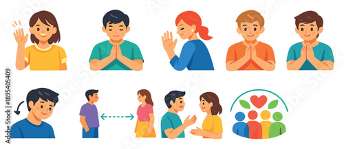 Everyday Social Customs Set in flat style: hello wave, thank you gesture, excuse me sign, please symbol, acknowledgment nod, respectful distance, polite. Vector icons