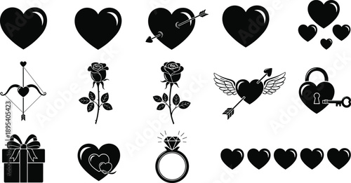 Romantic heart and valentine icon set, love arrow rose ring gift vector silhouette collection isolated background