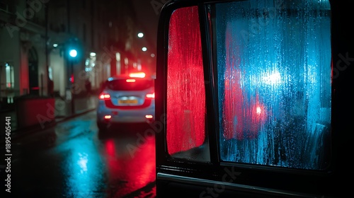 Rainy Night Urban Street Scene with Car and Wet Window in Blue and Red Lights