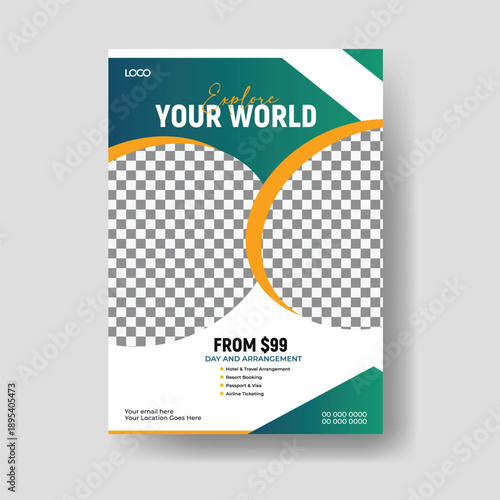 Travel poster and flyer template for tour and holiday packages with scenic destination layout and modern promotional design