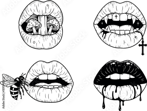 Illustrations of four different mouths with various objects