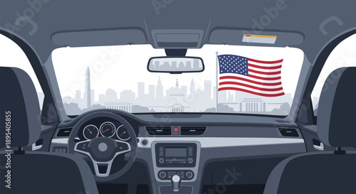 Patriotic Journey Through the Nation's Capital An American Flag Waving Inside a Car with a View of Washington D.C