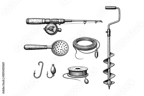Ice fishing gear: rods, hooks, auger, line, scoop sketch