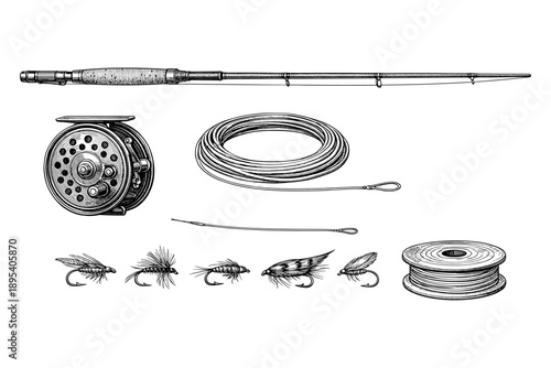 Vintage fly fishing gear set with rod, reel, line, and flies illustration