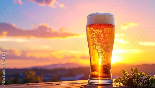夕陽とビールジョッキのイメージ画像　南国リゾート地
