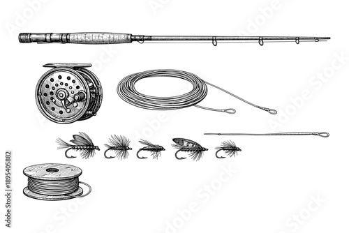Vintage fly fishing gear set with rod, reel, line, and flies