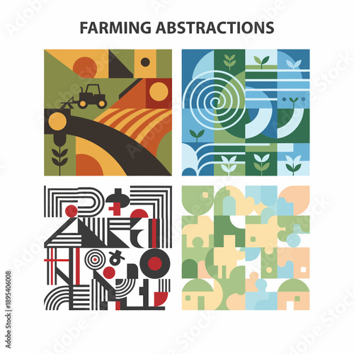 Abstract Farming Concepts: Tractor, Fields, Growth, Patterns