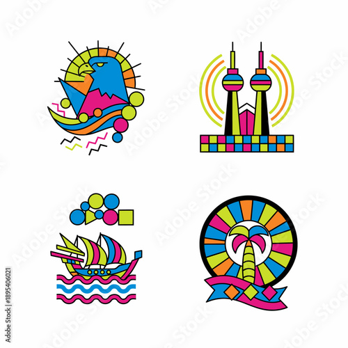 Abstract Geometric Icons: Eagle, Towers, Dhow Boat, Palm Tree
