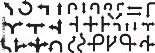 Diverse Directional Arrows: A comprehensive array of directional arrows in various styles, representing diverse choices, navigation, and guidance options in monochrome.