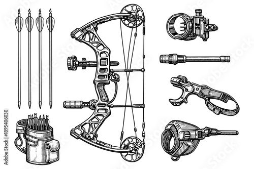 Detailed black and white illustrations of archery equipment including compound bow and accessories