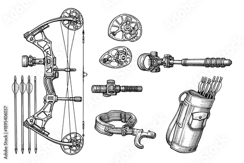 Detailed illustration of modern compound bow and archery equipment