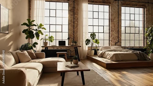 A spacious and sun-drenched industrial loft living space featuring exposed brick, large windows, modern furnishings, and lush green potted plants, creating a warm and inviting atmosphere.