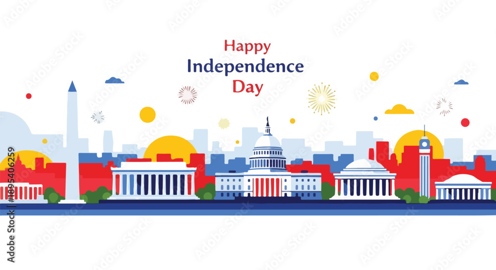 Naklejka premium Happy Independence Day Celebration with Iconic Capitol Building Skyline and Festive Fireworks Display