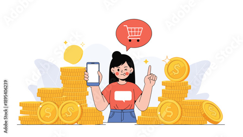 Young woman holding a smartphone stands among large stacks of gold coins while a shopping cart icon floats in a bubble.