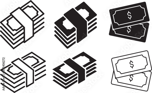 Financial Icons: A collection of simple and clean illustrations that depict stacks of currency notes, offering a versatile visual tool for financial concepts and business-related projects.