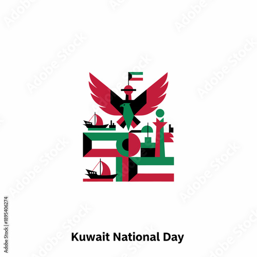 Kuwait National Day Emblem with Symbols of Dhows and Falcon