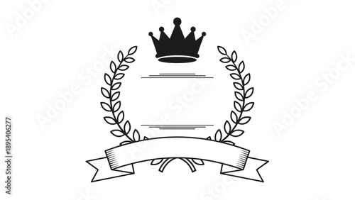 Classic emblem design featuring a crown above a circular frame with a laurel wreath and a decorative banner at the bottom.