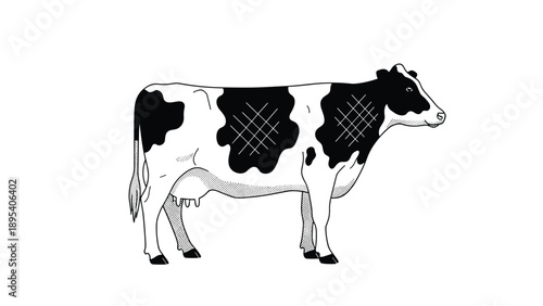 Realistic black and white illustration shows a side view of a dairy cow with distinctive black spots on its white coat.