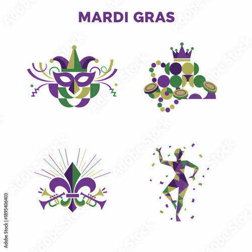 Mardi Gras Icons: Mask, Beads, Fleur-de-lis, Dancing Figure, Festive Symbols