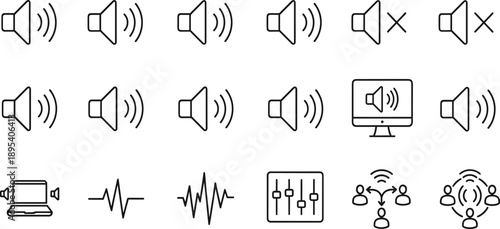 Sound volume control icon set, speaker audio mute waveform equalizer communication vector line collection isolated background