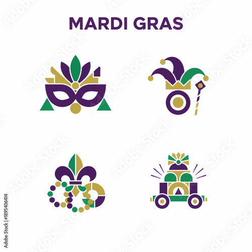 Mardi Gras Icons: Mask, Jester Hat, Fleur de Lis, Float