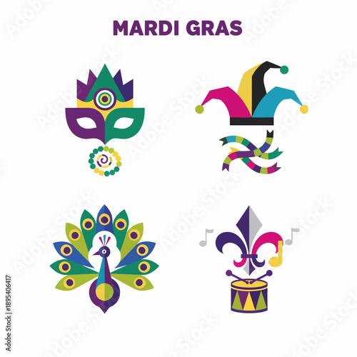 Mardi Gras Icons: Mask, Jester Hat, Peacock, Fleur-de-lis, Drum