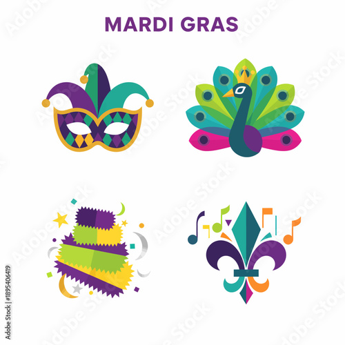 Mardi Gras Icons: Mask, Peacock, Cake, Fleur-de-lis, Music Notes