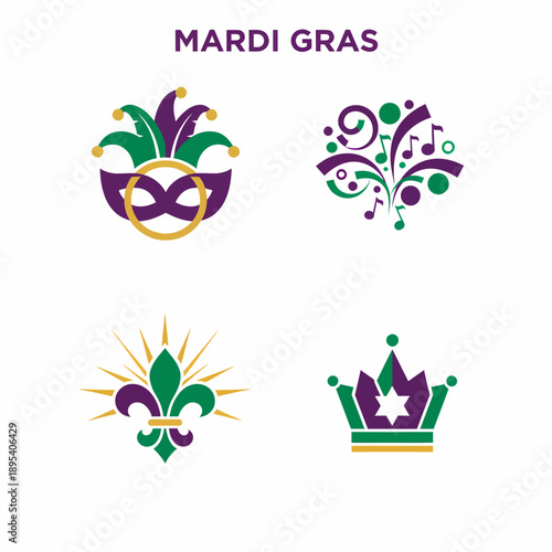 Mardi Gras Icons: Mask, Music, Fleur-de-lis, Crown