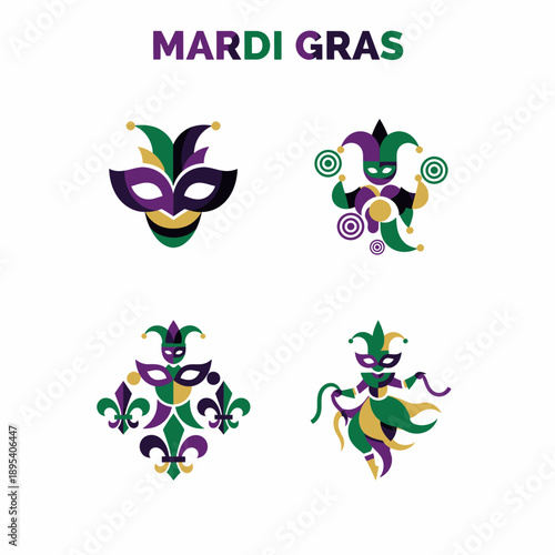 Mardi Gras Icons: Masks, Jester, Fleur de Lis, Celebration