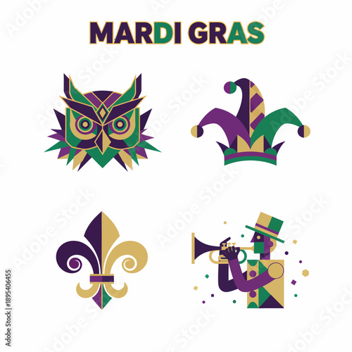 Mardi Gras Icons: Owl, Jester Hat, Fleur-de-lis, Trumpet Player