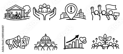Community Impact Set in outline style: shared spaces, support hands, social issue marker, collective action, awareness campaign, policy influence, improved. Vector icons