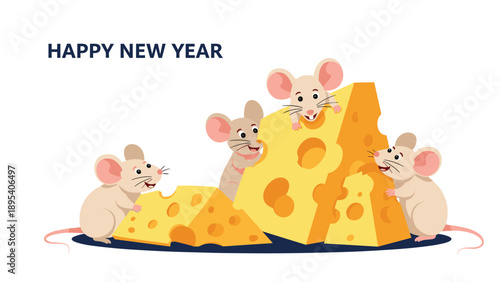 Group of four adorable mice enjoy eating large wedges of yellow swiss cheese with happy new year text in the background.