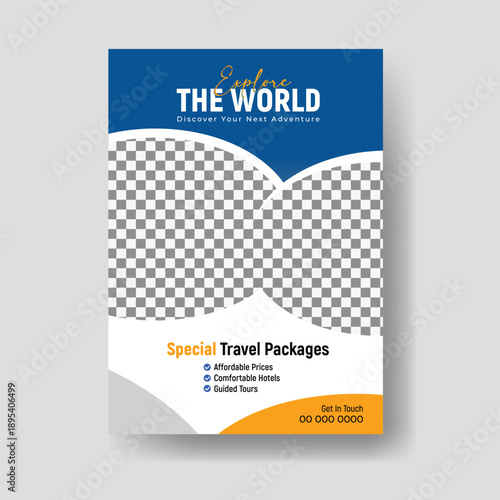 Travel poster and flyer template for tour and holiday packages with scenic destination layout and modern promotional design