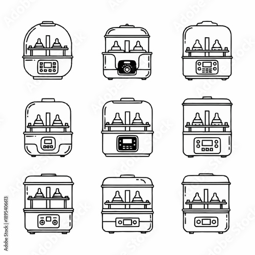 Collection of baby bottle sterilizer and warmer appliances in various designs.