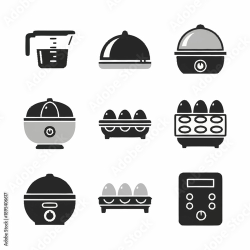 Collection of egg cooker and egg tray icons in a minimalist black and white style.