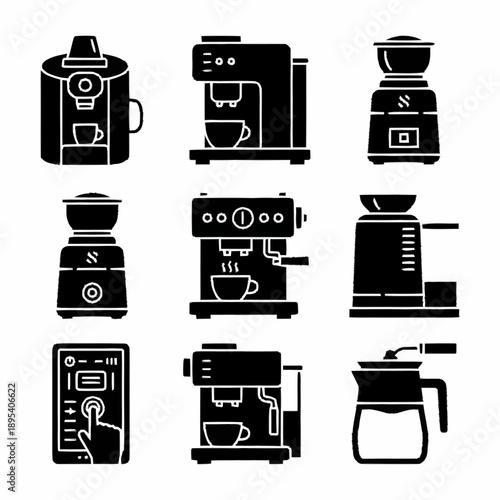 Collection of coffee machines and grinders in various styles, perfect for brewing and preparing coffee.