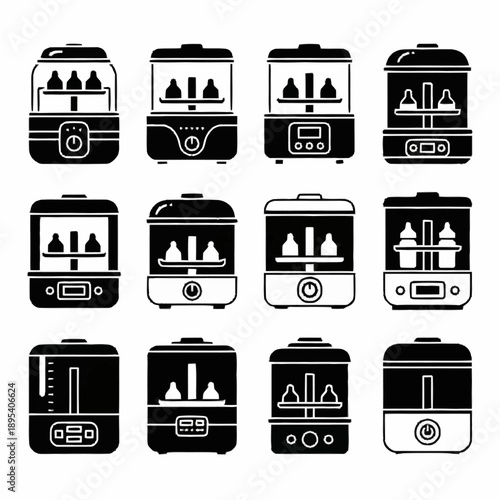 Collection of baby bottle sterilizer and warmer icons for infant feeding.