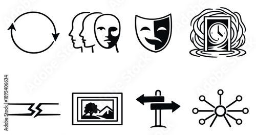 Story Structure Concepts in outline style: circular narrative loop, multiple perspective faces, unreliable narrator mask, time jump portal, cause-effect break. Vector icons