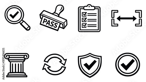 Quality assurance review in outline style: inspection magnifier, pass stamp, compliance checklist, tolerance brackets, reliability pillar, consistency loop. Vector icons