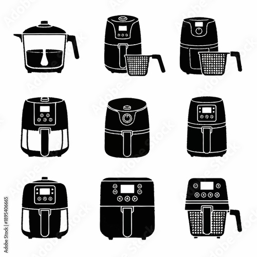 Collection of various air fryers and deep fryers in a clean, minimalist style.