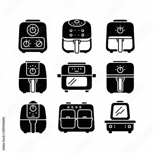 Collection of various air fryer designs in black and white silhouette.