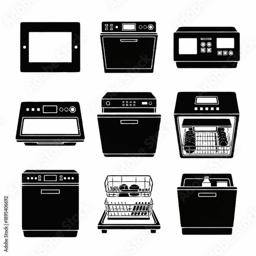 Collection of various dishwasher models and designs in a grid layout.
