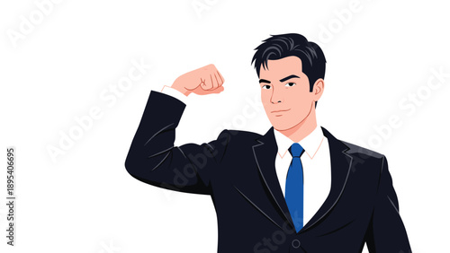 Confident young businessman in a dark suit and blue tie flexing his bicep to show strength and professional power on white background.