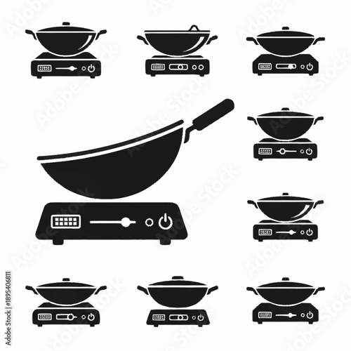 Collection of Wok and Pan Silhouettes on Induction Cooktops.