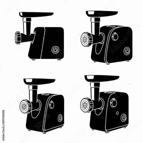 Four black and white meat grinders in a grid pattern.